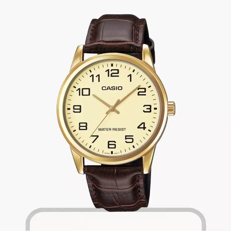 Casio Enticer Gold Dial Brown Leather Men's Watch- MTP-V001GL-9B